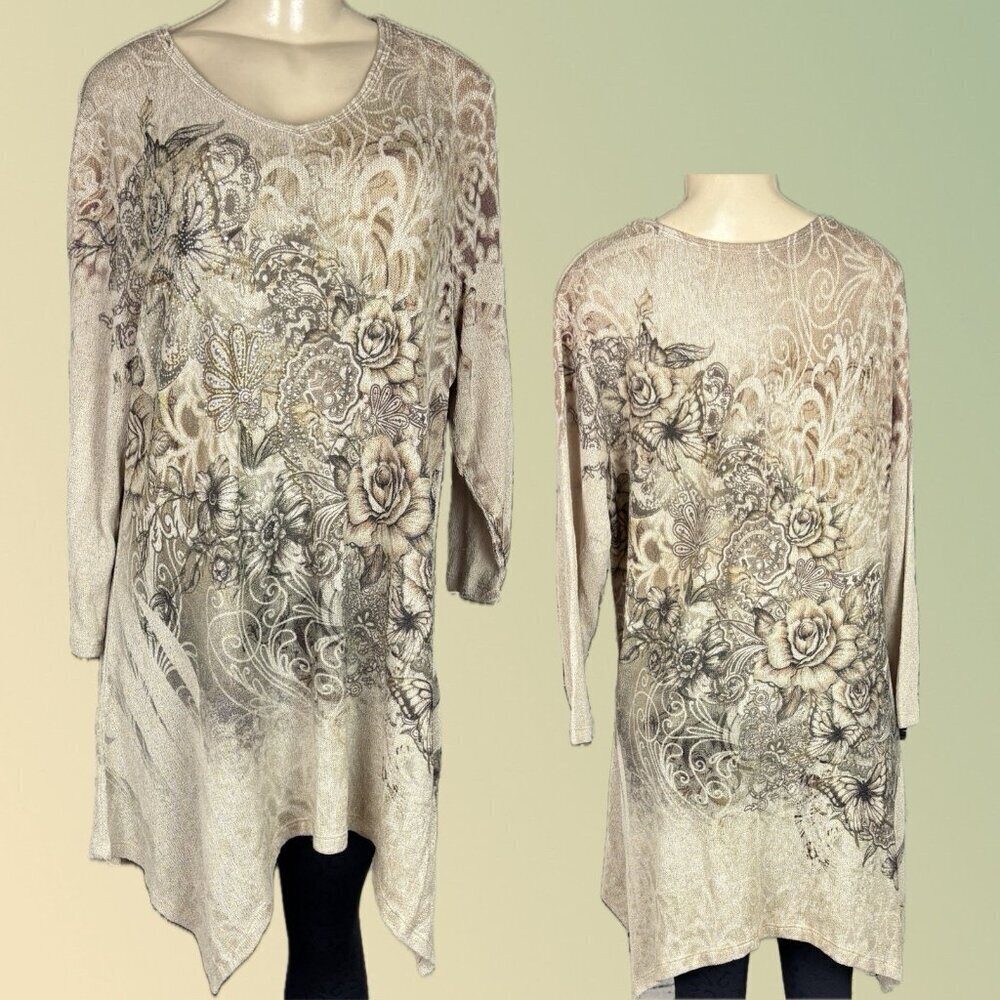 Studio Gem Q XL Vintage Beige-Brown Floral Studs V-Neck Hanky Hem 3/4 Sleeve Top